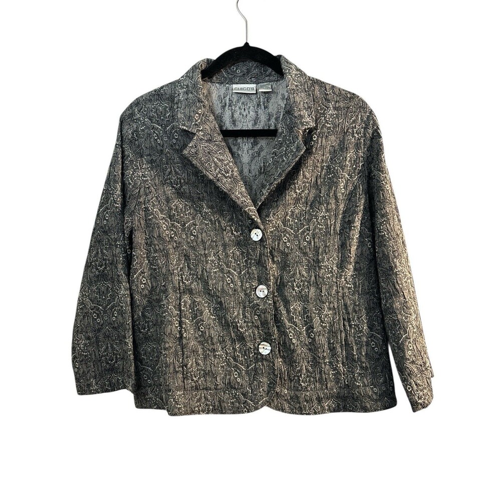Chico's gray silver metallic textured Blazer Jacket size 2 Large Office career